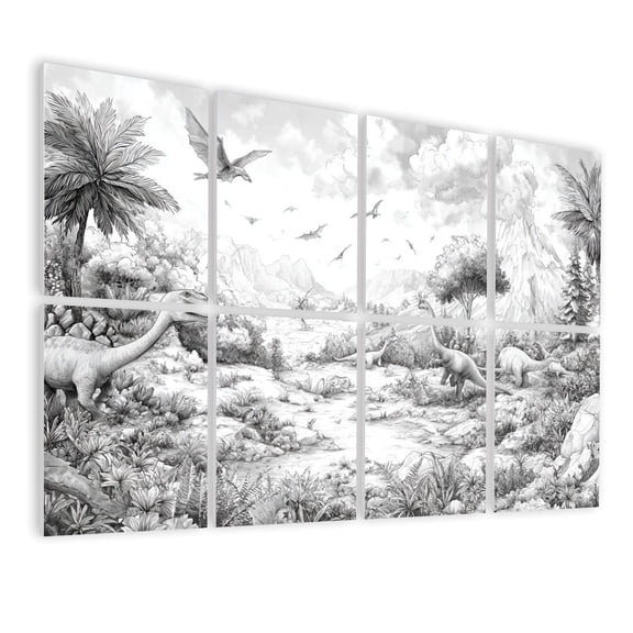 8 Pack Art Acoustic Panels Sound Absorbing Dinosaurs Hand Drawn Landscape Whimsical Kids Grey White Brachiosaurus Decorative Soundproof Wall Panels Self Adhesive for Nursery Boys Room Bedroom 48"x32"