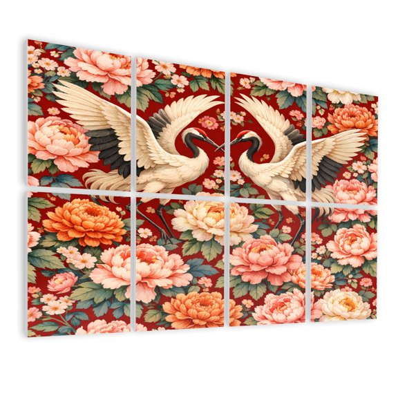 8 Pack Art Acoustic Panels Sound Absorbing Elegant Crane Birds Peony Flowers Red Decorative Soundproof Wall Panels Self Adhesive for Nursery Game Room Bedroom 48"x32"