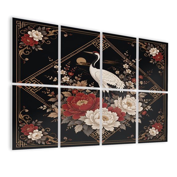8 Pack Art Acoustic Panels Sound Absorbing Elegant Crane Red White Peonies Floral Frame Black Decorative Soundproof Wall Panels Self Adhesive for Nursery Game Room Bedroom 48"x32"
