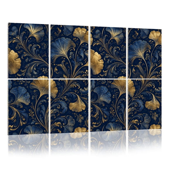 8 Pack Art Acoustic Panels Sound Absorbing Elegant Floral Blue Gold Ginkgo Leaves Dark Decorative Soundproof Wall Panels Self Adhesive for Nursery Game Room Bedroom 48"x32"