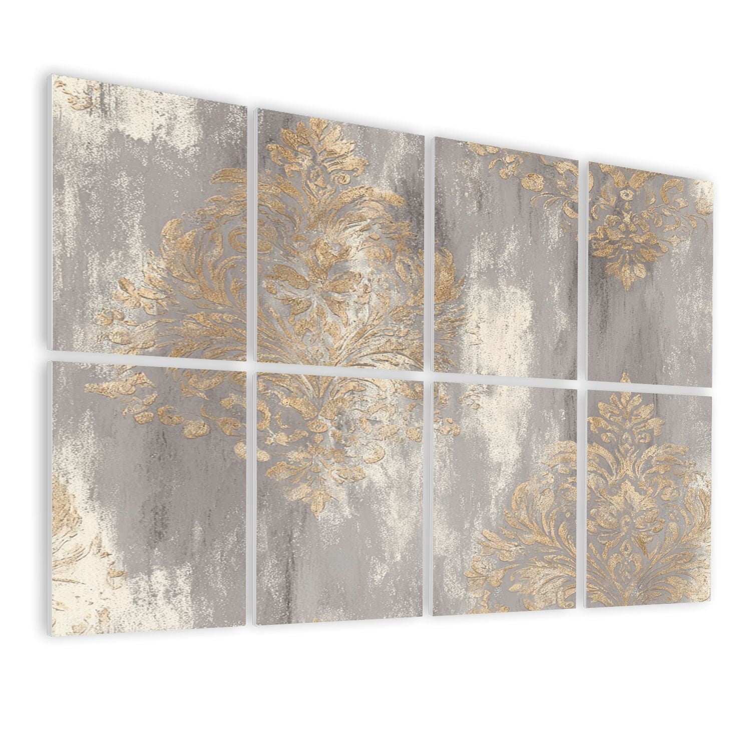8 Pack Art Acoustic Panels Sound Absorbing Elegant Gold Damask Gray Beige Decorative Soundproof Wall Panels Self Adhesive for Nursery Game Room Bedroom 48"x32"