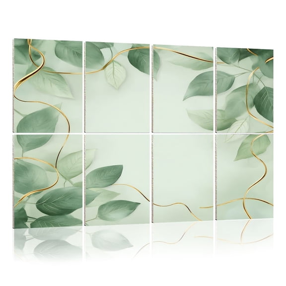 8 Pack Art Acoustic Panels Sound Absorbing Elegant Green Leaves Gold Vine Details Soft Green Decorative Soundproof Wall Panels Self Adhesive for Nursery Game Room Bedroom 48"x32"