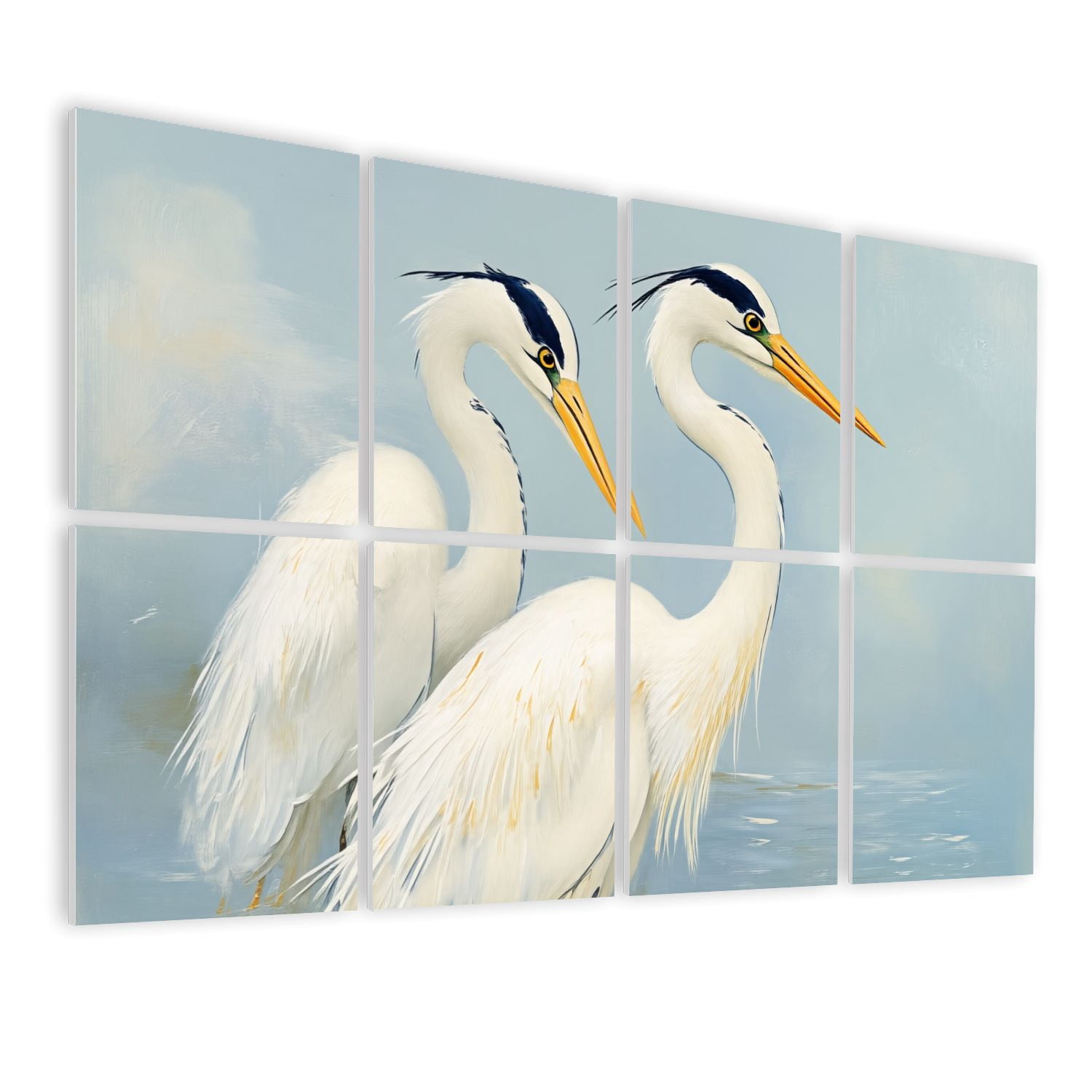 8 Pack Art Acoustic Panels Sound Absorbing Elegant Pair White Herons Blue Decorative Soundproof Wall Panels Self Adhesive for Nursery Game Room Bedroom 48"x32"