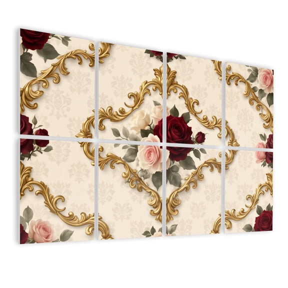 8 Pack Art Acoustic Panels Sound Absorbing Elegant Vintage Floral Red Pink Roses Golden Frame Beige Decorative Soundproof Wall Panels Self Adhesive for Nursery Game Room Bedroom 48"x32"