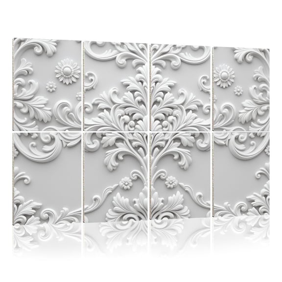 8 Pack Art Acoustic Panels Sound Absorbing Elegant White Floral Baroque Style Embossed Decorative Soundproof Wall Panels Self Adhesive for Nursery Game Room Bedroom 48"x32"