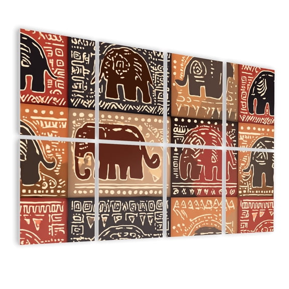 8 Pack Art Acoustic Panels Sound Absorbing Elephant Tribal Earthy Tones Hand Block Print Style Decorative Soundproof Wall Panels Self Adhesive for Nursery Game Room Bedroom 48"x32"