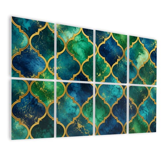 8 Pack Art Acoustic Panels Sound Absorbing Emerald Green Teal Moroccan Trellis Gold Accents Decorative Soundproof Wall Panels Self Adhesive for Nursery Game Room Bedroom 48"x32"