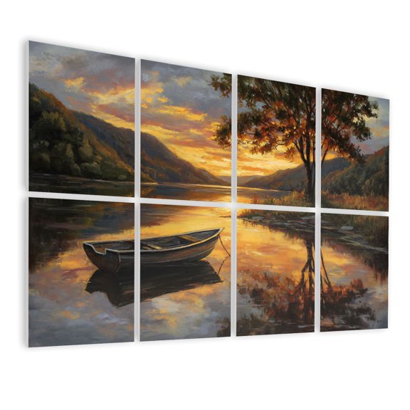 8 Pack Art Acoustic Panels Sound Absorbing Fall Landscape Lake Boat Forest Autumn Scenery Rustic Gold Still Lake Decorative Soundproof Wall Panels Self Adhesive for Nursery Game Room Bedroom 48"x32"