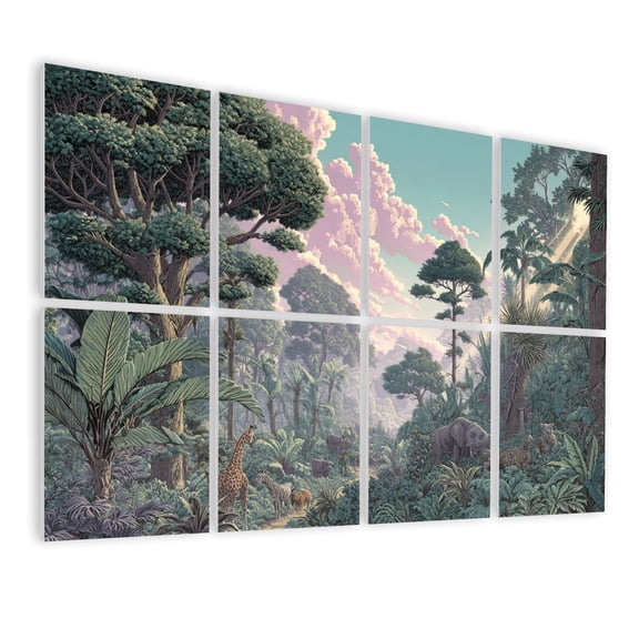 8 Pack Art Acoustic Panels Sound Absorbing Fantasy Rainforest Scene Elephants Lions Monkeys Decorative Soundproof Wall Panels Self Adhesive for Nursery Game Room Bedroom 48"x32"