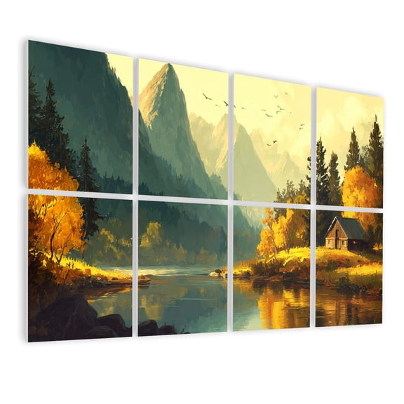 8 Pack Art Acoustic Panels Sound Absorbing Farmhouse Mountain Modern Snow Capped Mountains Mountain Calm River Decorative Soundproof Wall Panels Self Adhesive for Nursery Game Room Bedroom 48"x32"