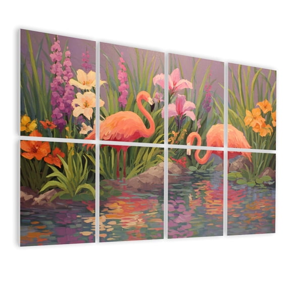 8 Pack Art Acoustic Panels Sound Absorbing Flamingo Tropical Rainforest Exotic Mural Flamingos Tropical Plants Soundproof Wall Panels Self Adhesive for Bedroom Home Theater 48"x32"