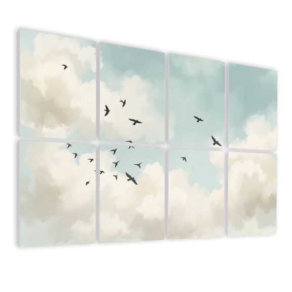 8 Pack Art Acoustic Panels Sound Absorbing Flock Birds Sky Amidst Soft Clouds Blue Sky Decorative Soundproof Wall Panels Self Adhesive for Nursery Game Room Bedroom 48"x32"