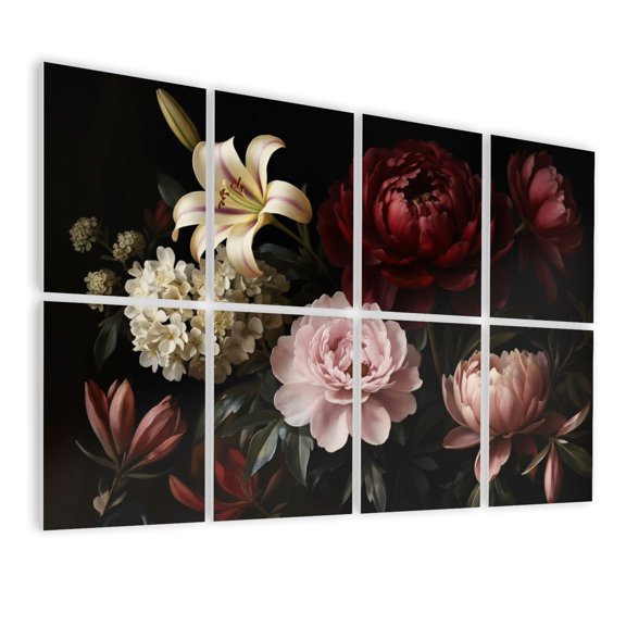 8 Pack Art Acoustic Panels Sound Absorbing Floral Arrangement Peonies Lilies White Blossoms Dark Decorative Soundproof Wall Panels Self Adhesive for Nursery Game Room Bedroom 48"x32"