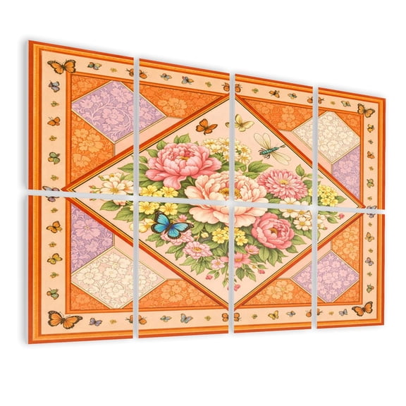 8 Pack Art Acoustic Panels Sound Absorbing Floral Bouquet Pink Peonies Yellow Flowers Butterflies Dragonfly Decorative Soundproof Wall Panels Self Adhesive for Nursery Game Room Bedroom 48"x32"