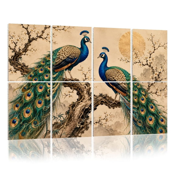 8 Pack Art Acoustic Panels Sound Absorbing Floral Vintage Green Peacock Hoom Decor Geometric Birds Vintage Decorative Soundproof Wall Panels Self Adhesive for Nursery Game Room Bedroom 48"x32"