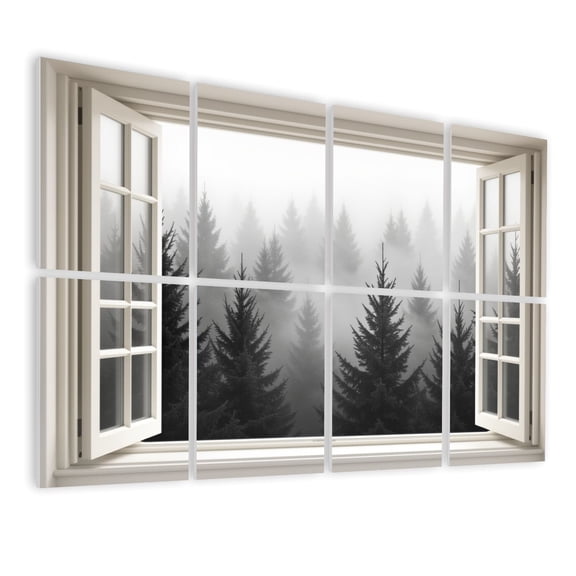 8 Pack Art Acoustic Panels Sound Absorbing Foggy Pine Forest View Open Window Frame Monochrome Minimalist Style Decorative Soundproof Wall Panels Self Adhesive for Nursery Game Room Bedroom 48"x32"