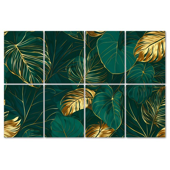 8 Pack Art Acoustic Panels Sound Absorbing Framed Gold Green Tropical Botanical Leaf Plant Leaves Monstera Decorative Soundproof Wall Panels Self Adhesive for Recording Studios Office 48"x32"