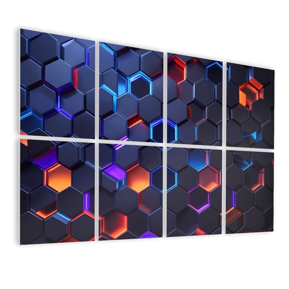 8 Pack Art Acoustic Panels Sound Absorbing Futuristic Hexagon Neon Glow Blue Red Purple Abstract Geometric Decorative Soundproof Wall Panels Self Adhesive for Nursery Game Room Bedroom 48"x32"