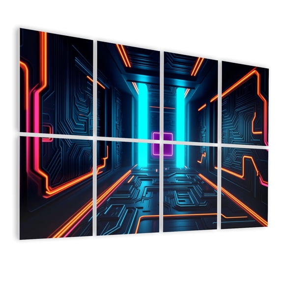 8 Pack Art Acoustic Panels Sound Absorbing Futuristic Neon Circuit Tunnel Glowing Blue Orange Lights Decorative Soundproof Wall Panels Self Adhesive for Nursery Game Room Bedroom 48"x32"