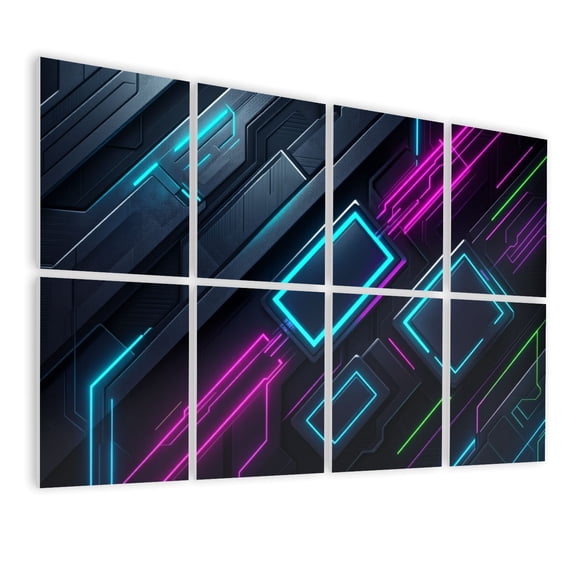 8 Pack Art Acoustic Panels Sound Absorbing Futuristic Neon Geometric Circuit Blue Pink Green Accents Decorative Soundproof Wall Panels Self Adhesive for Nursery Game Room Bedroom 48"x32"