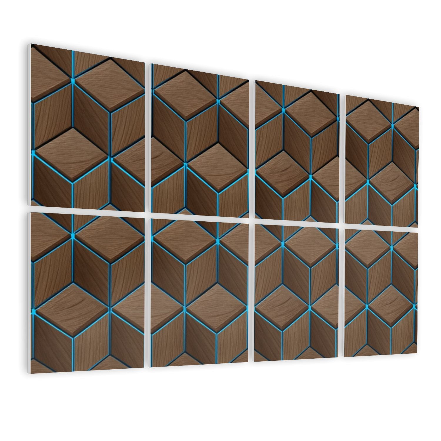 8 Pack Art Acoustic Panels Sound Absorbing Geometric Wooden Cube Tessellation Blue Lines Natural Wood Decorative Soundproof Wall Panels Self Adhesive for Nursery Game Room Bedroom 48"x32"
