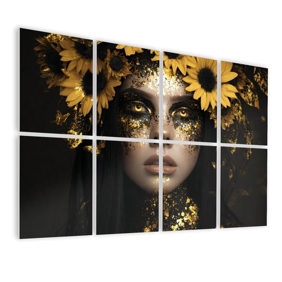 8 Pack Art Acoustic Panels Sound Absorbing Golden Floral Face Art Sunflowers Sparkling Details Decorative Soundproof Wall Panels Self Adhesive for Barber Shop Beauty Nail Salon 48"x32"