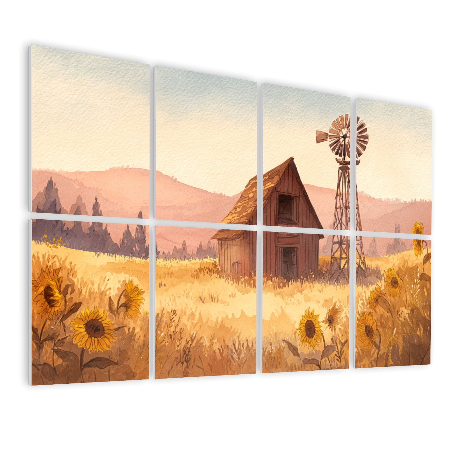 8 Pack Art Acoustic Panels Sound Absorbing Golden Sunset Barn Sunflowers Watercolor Art Decorative Soundproof Wall Panels Self Adhesive for Bedroom Home Office 48"x32"