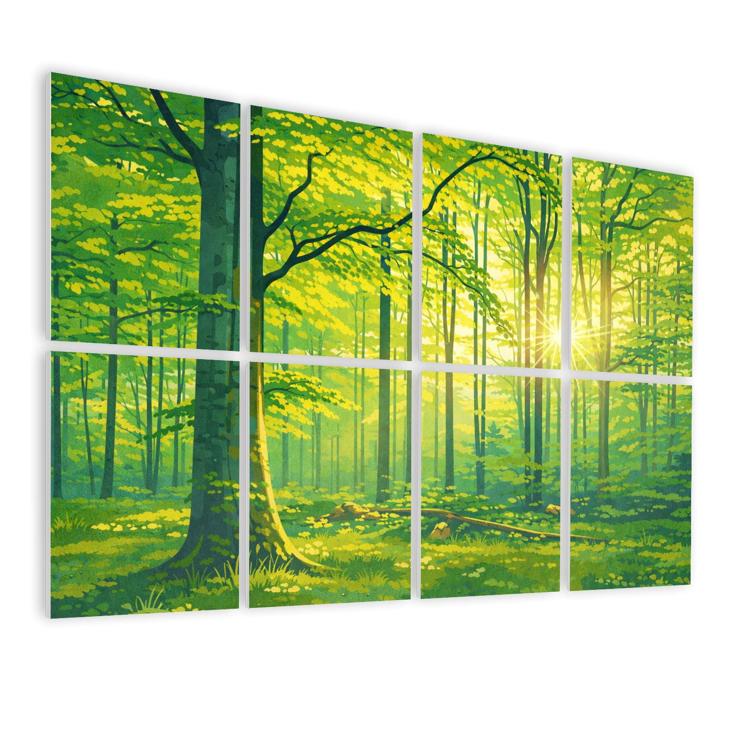 8 Pack Art Acoustic Panels Sound Absorbing Green Natural Beech Tree Forest illuminated Sunbeams Fog Decorative Soundproof Wall Panels Self Adhesive for Nursery Game Room Bedroom 48"x32"