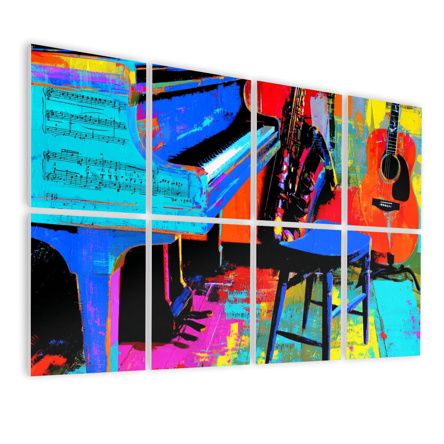 8 Pack Art Acoustic Panels Sound Absorbing Guitar Piano Saxophone Musical Instruments Grand Piano Sheet Music Decorative Soundproof Wall Panels Self Adhesive for Nursery Game Room Bedroom 48"x32"