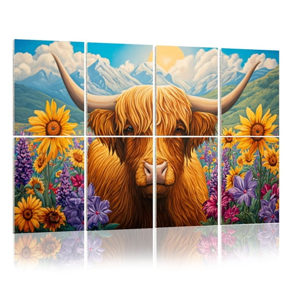 8 Pack Art Acoustic Panels Sound Absorbing Highland Cow Amidst Vibrant Wildflowers Mountain Farmhouse Decorative Soundproof Wall Panels Self Adhesive for Nursery Game Room Bedroom 48"x32"