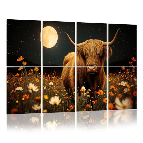 8 Pack Art Acoustic Panels Sound Absorbing Highland Cow Flower Field Under Starry Night Sky Farmhouse Decorative Soundproof Wall Panels Self Adhesive for Nursery Game Room Bedroom 48"x32"