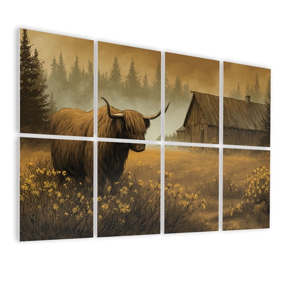 8 Pack Art Acoustic Panels Sound Absorbing Highland Cow Sunrise by Farmhouse Wildflowers Misty Forest Decorative Soundproof Wall Panels Self Adhesive for Bedroom Home Office 48"x32"