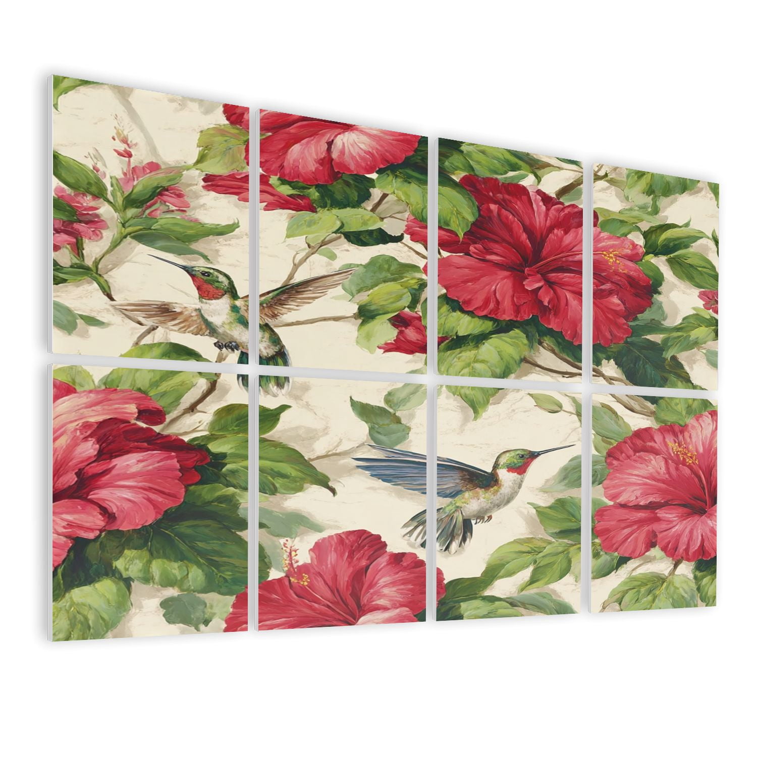 8 Pack Art Acoustic Panels Sound Absorbing Hummingbirds Red Hibiscus Floral Decorative Soundproof Wall Panels Self Adhesive for Nursery Game Room Bedroom 48"x32"