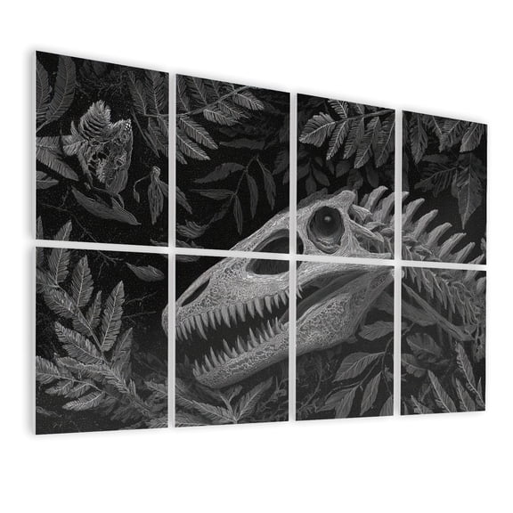8 Pack Art Acoustic Panels Sound Absorbing Jungle Animals Black Dino Dinosaur Skull Skeleton Ferns Bones Close Up Decorative Soundproof Wall Panels Self Adhesive for Nursery Boys Room Bedroom 48"x32"