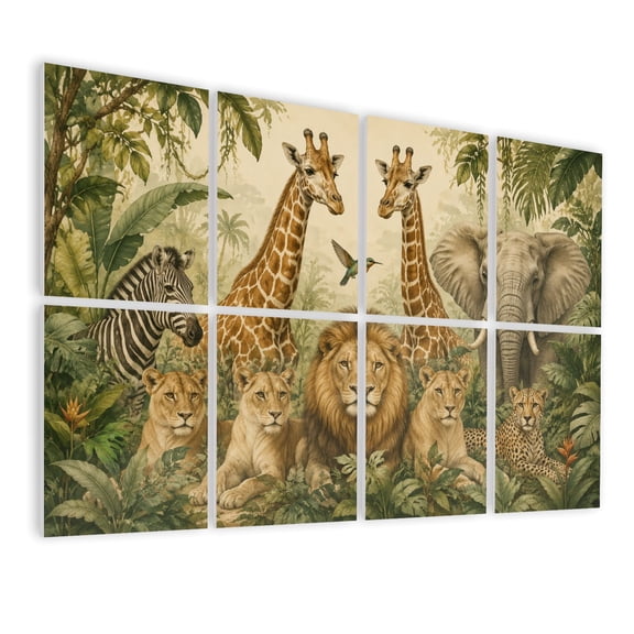 8 Pack Art Acoustic Panels Sound Absorbing Jungle Animals Lions Giraffes Elephant Zebra Tropical Foliage Decorative Soundproof Wall Panels Self Adhesive for Nursery Game Room Bedroom 48"x32"