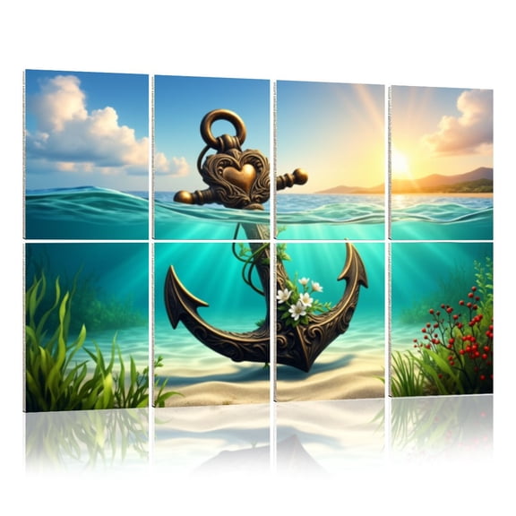 8 Pack Art Acoustic Panels Sound Absorbing Landscape Home Decor Anchor Floral Seaweed Shoreline Coastal Decorative Soundproof Wall Panels Self Adhesive for Nursery Game Room Bedroom 48"x32"