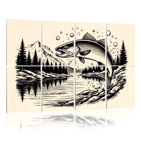 8 Pack Art Acoustic Panels Sound Absorbing Leaping Trout Fish Mountain Scenery Reflections Fishing Lovers Decorative Soundproof Wall Panels Self Adhesive for Nursery Game Room Bedroom 48"x32"