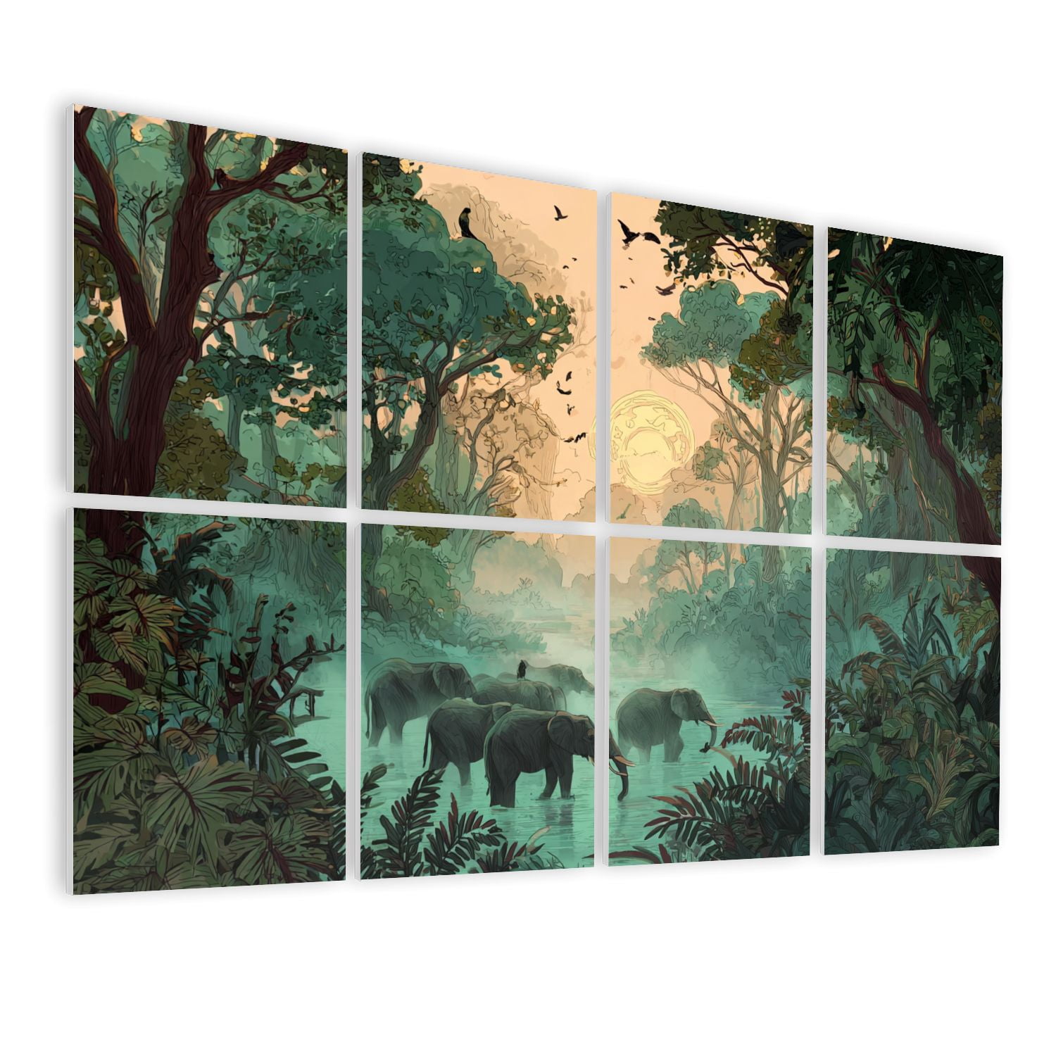 8 Pack Art Acoustic Panels Sound Absorbing Majestic Elephants Exotic Rainforest Decorative Soundproof Wall Panels Self Adhesive for Nursery Game Room Bedroom 48"x32"