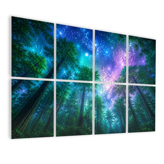 8 Pack Art Acoustic Panels Sound Absorbing Majestic Forest Towering Trees Vibrant Starry Night Sky Decorative Soundproof Wall Panels Self Adhesive for Nursery Game Room Bedroom 48"x32"