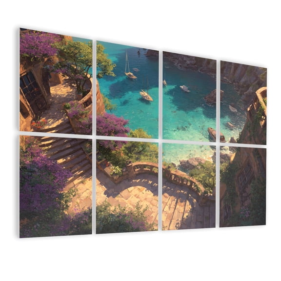 8 Pack Art Acoustic Panels Sound Absorbing Mediterranean Cliffside Terrace Overlooking Turquoise Sea Decorative Soundproof Wall Panels Self Adhesive for Nursery Game Room Bedroom 48"x32"