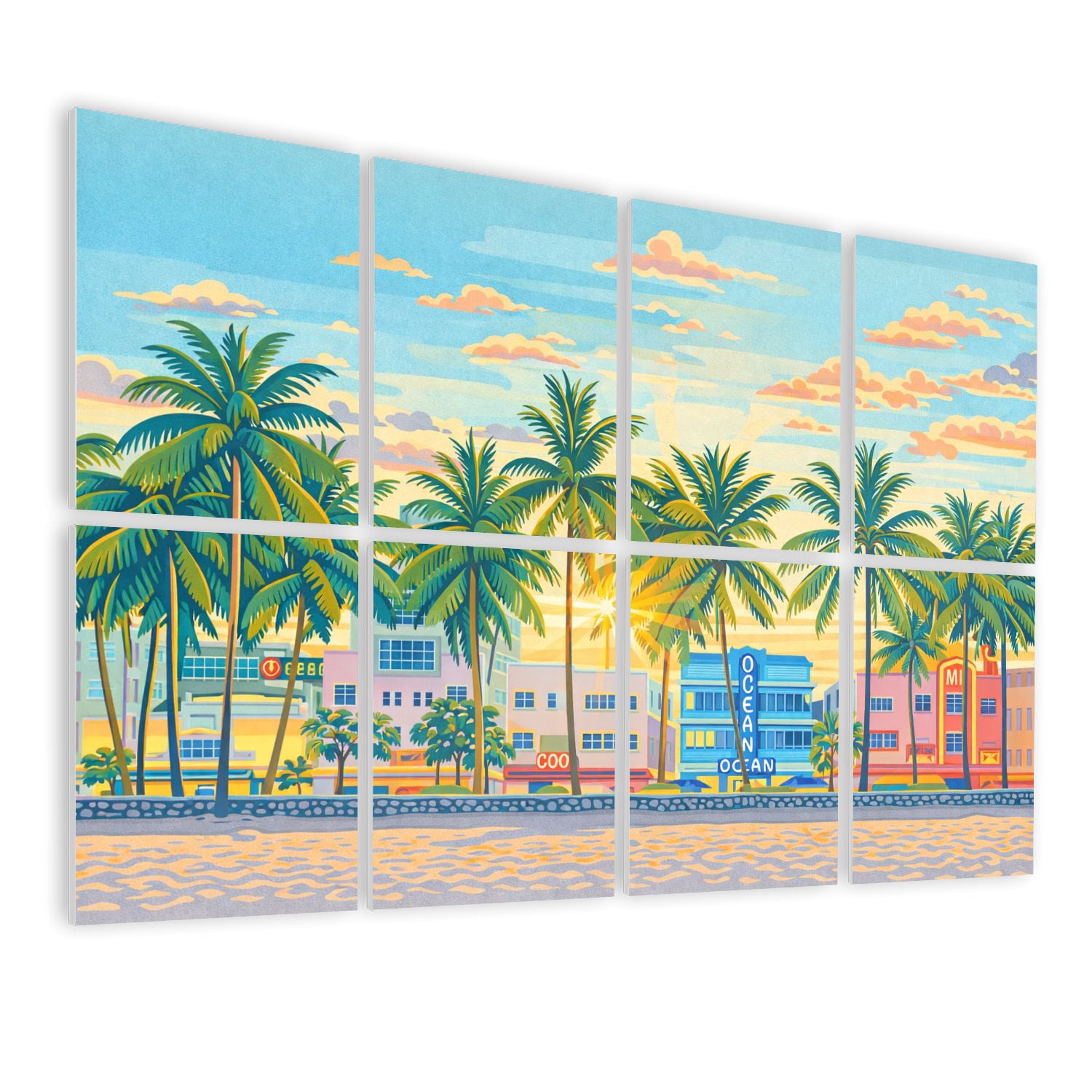 8 Pack Art Acoustic Panels Sound Absorbing Miami Beach Florida Decorative Soundproof Wall Panels Self Adhesive for Nursery Game Room Bedroom 48"x32"
