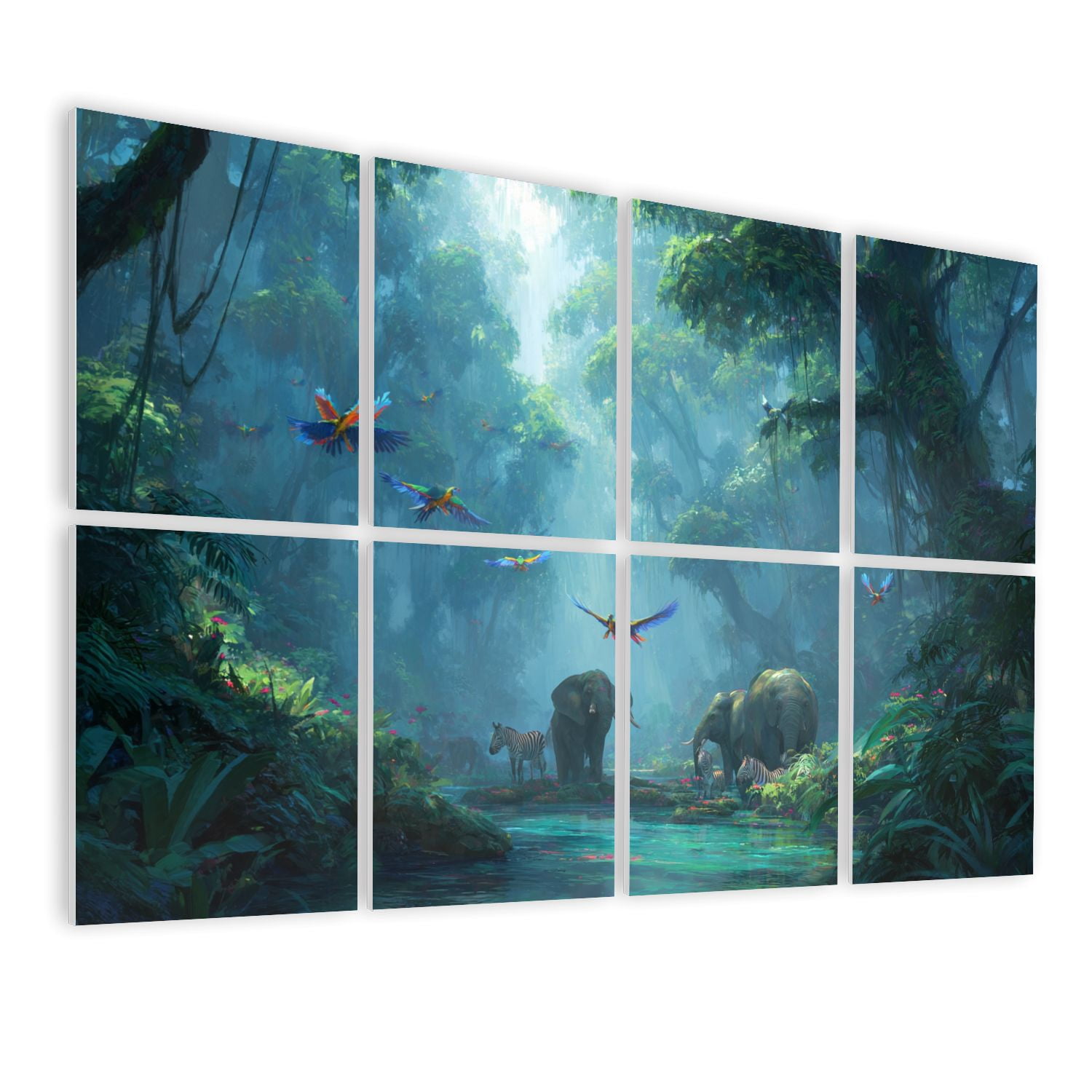 8 Pack Art Acoustic Panels Sound Absorbing Misty Jungle Stream Zebras Sunlight Rays Decorative Soundproof Wall Panels Self Adhesive for Nursery Game Room Bedroom 48"x32"