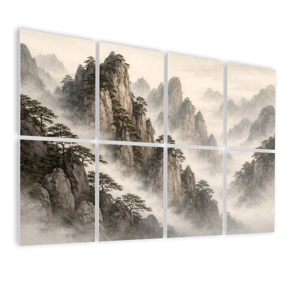 8 Pack Art Acoustic Panels Sound Absorbing Misty Mountain Landscape Pine Trees Traditional Chinese Ink Wash Style Decorative Soundproof Wall Panels Self Adhesive for Nursery Game Room Bedroom 48"x32"