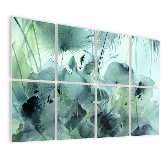 8 Pack Art Acoustic Panels Sound Absorbing Misty Sage Green Palm Leaves Watercolor Ink Art Decorative Soundproof Wall Panels Self Adhesive for Nursery Game Room Bedroom 48"x32"