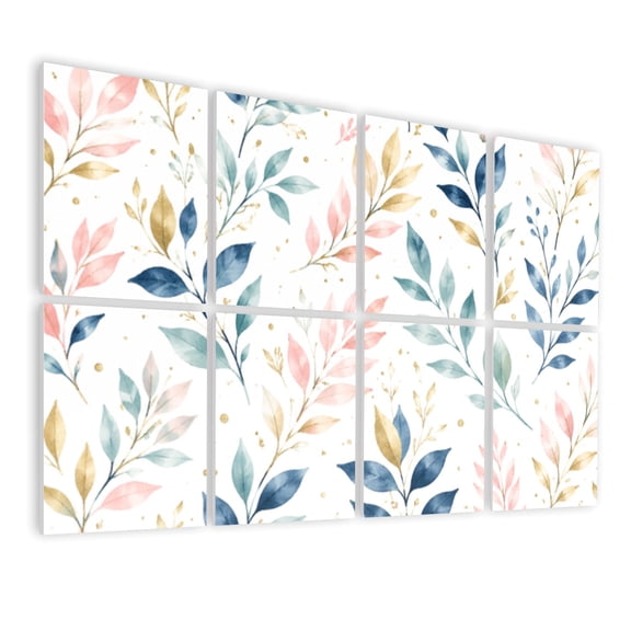 8 Pack Art Acoustic Panels Sound Absorbing Modern Botanical Watercolor Pink Gold Mint Navy Leaves Decorative Soundproof Wall Panels Self Adhesive for Nursery Game Room Bedroom 48"x32"