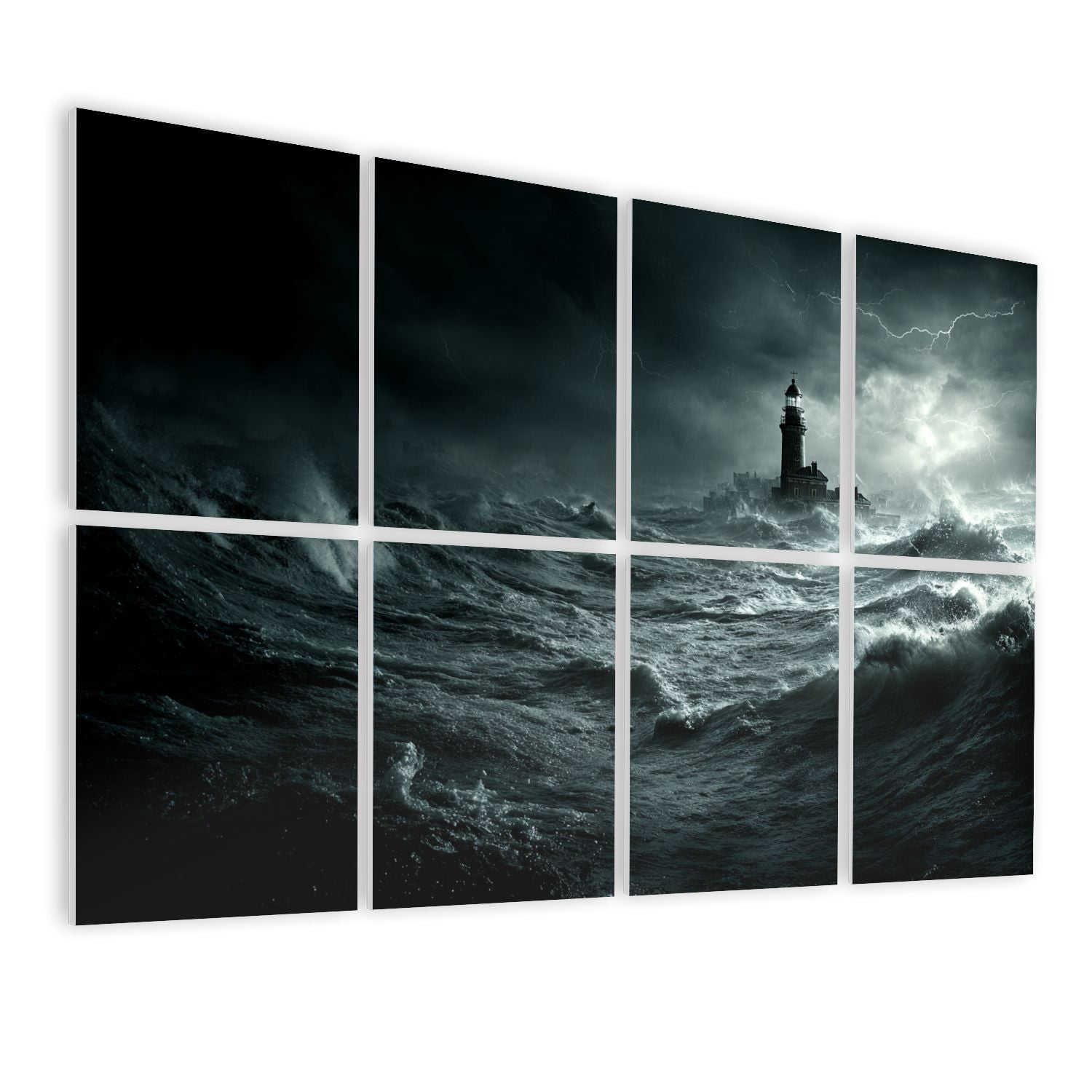 8 Pack Art Acoustic Panels Sound Absorbing Moody Lighthouse Scene Violent Waves Dark Storm Clouds Decorative Soundproof Wall Panels Self Adhesive for Nursery Game Room Bedroom 48"x32"