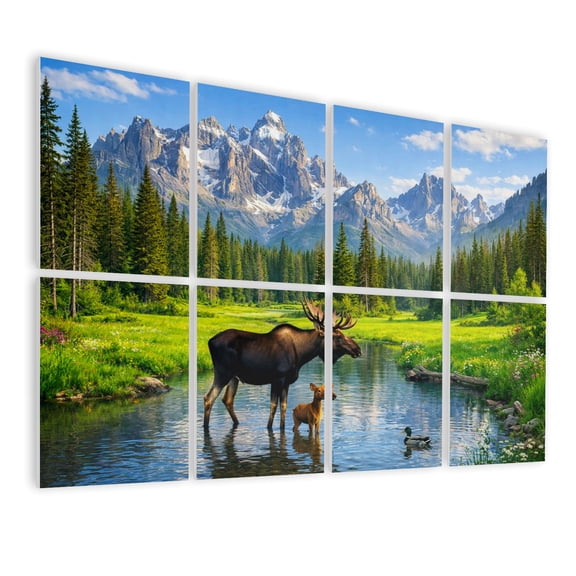 8 Pack Art Acoustic Panels Sound Absorbing Moose Calf Mountain Meadow Stream Snow Decorative Soundproof Wall Panels Self Adhesive for Nursery Game Room Bedroom 48"x32"