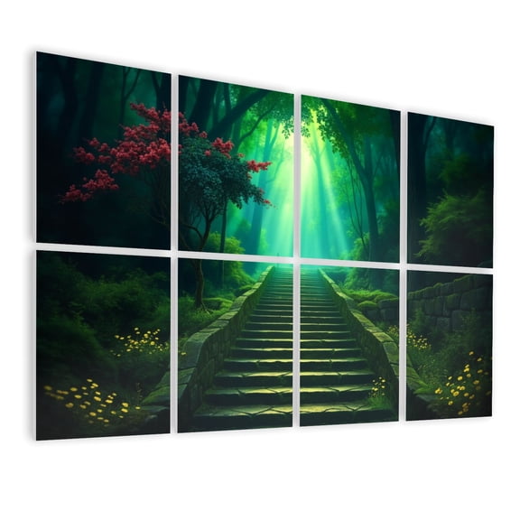 8 Pack Art Acoustic Panels Sound Absorbing Moss Covered Stone Stairs Leading to Serene Forest Scene Decorative Soundproof Wall Panels Self Adhesive for Nursery Game Room Bedroom 48"x32"
