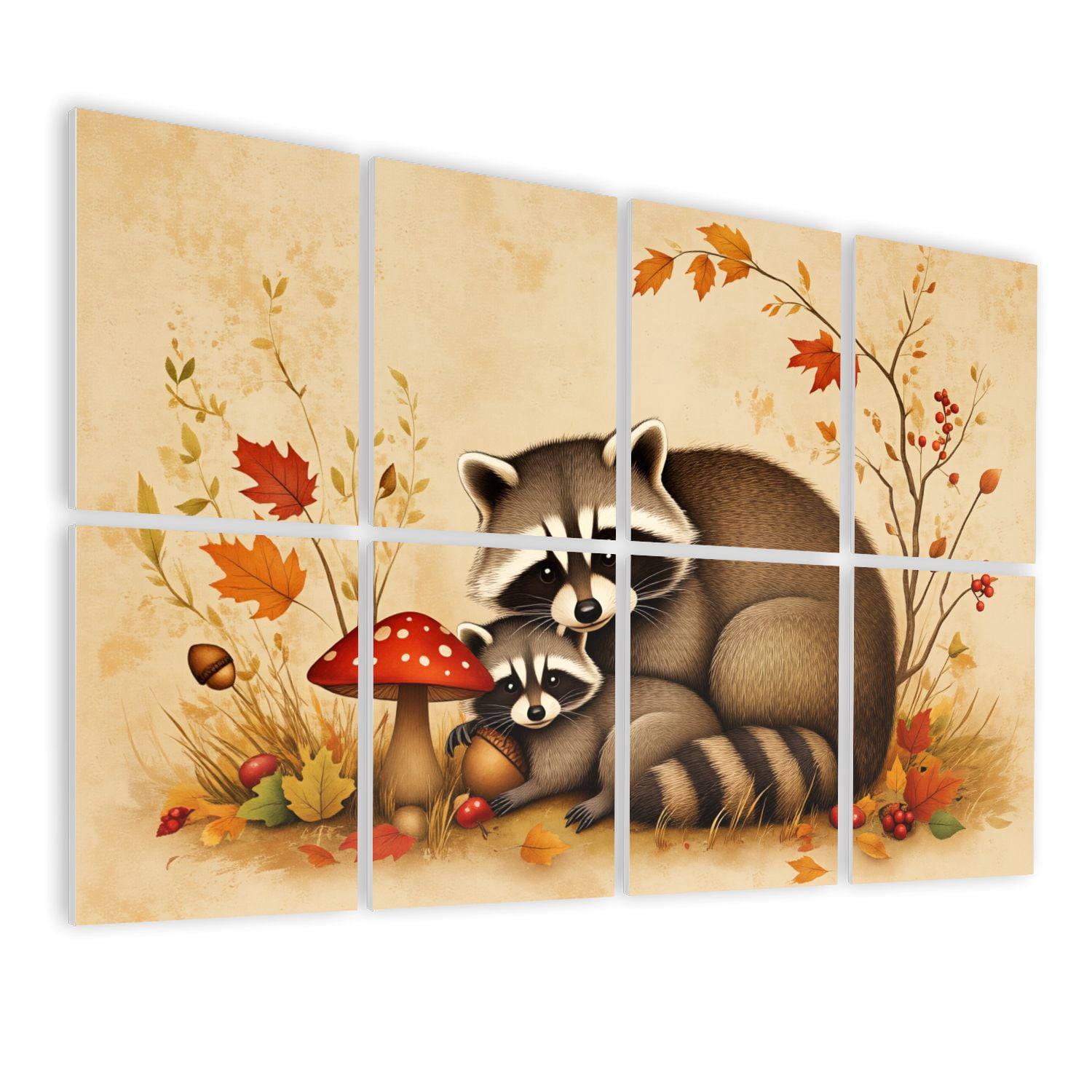 8 Pack Art Acoustic Panels Sound Absorbing Mother Baby Raccoons Autumn Decorative Soundproof Wall Panels Self Adhesive for Nursery Game Room Bedroom 48"x32"