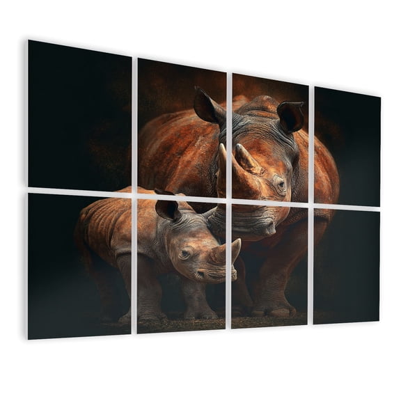 8 Pack Art Acoustic Panels Sound Absorbing Mother Baby Rhinoceros Dramatic Lighting Brown Skin Decorative Soundproof Wall Panels Self Adhesive for Nursery Game Room Bedroom 48"x32"